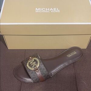 Michael Kors Brown Slide Sandals with Gold Logo